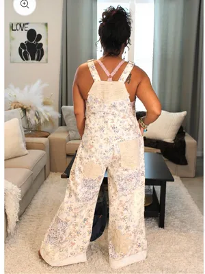 NWT POL Touch of Flowers Crochet Patch Overalls, Cream Floral Patchwork thumbnail 13