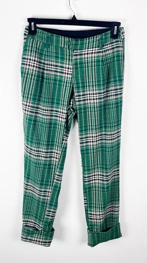 FREE PEOPLE Green All For Me Plaid Tapered Cuffed Pants Slacks Trousers Size 0 thumbnail 1
