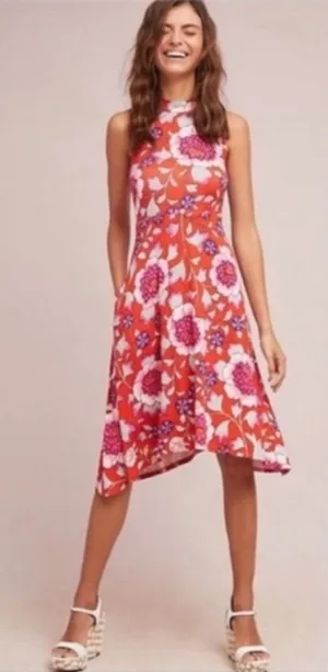 Anthropologie Maeve Clearly Red Floral Knit Mock Neck Dress Sz L‎ thumbnail 1