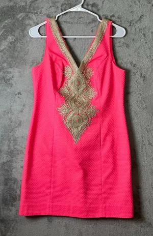 Lilly Pulitzer Junie Shift Dress Coral‎ Reef Pink & Gold Size 4 Cotton thumbnail 1