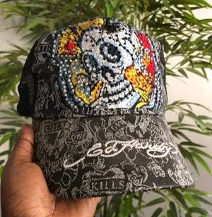 Don Ed Hardy Y2K 2000s Rhinestone Skull Trucker Unisex Mesh Snapback Hat Cap Bling Graphic Goth Grunge Bimbo Scene Streetwear Emo Alt Adjustable Embroidered Gray Black thumbnail 1