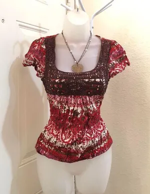 Maurice's Y2K Fairy Boho Grunge Granola Whimsical Red pink black blouse shirt top crotchet beaded square neckline short sleeve #whimsygoth #gothic thumbnail 2