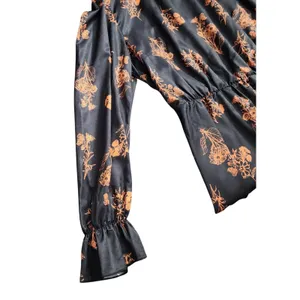 NWT Floerns Womens Cottagecore Dress Black Orange Floral Smocked Mock Neck L thumbnail 3