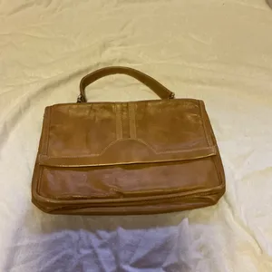 Vintage 70s Cognac Brown Leather Top Handle Handbag Classic Structured Purse thumbnail 8