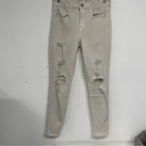 American Eagle Tan Distressed Skinny High Rise Jeans Womens 10 Denim Zip Fly thumbnail 2