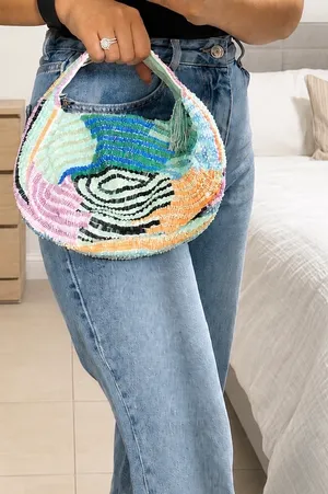 NWT Handmade Multicolor Beaded Mini Shoulder Bag Abstract Wave Mint Green Purse thumbnail 2