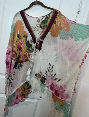 Z&L Europe Floral Textured Pom-Pom Open Front Pattern Airy Caftan Cover Up Sz L thumbnail 1
