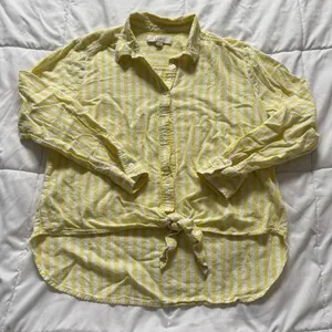 Loft Womens Medium Striped Linen Blend long‎ Sleeve Blouse Button Down Yellow thumbnail 1