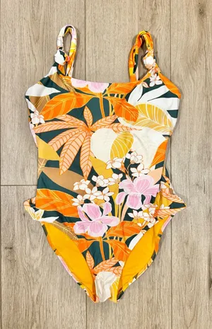 Aerie Real Good One Piece Swimsuit Orange Tropical Floral Tie Back Small S thumbnail 1