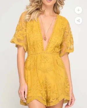 She + Sky Mustard Lace Romper thumbnail 1