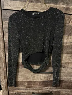 SHEIN Black Sparkle Long-Sleeve Cut-Out Top thumbnail 1