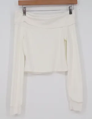 White Ribbed Off the Shoulder Long Sleeve Cropped Top Small Bardot Knit thumbnail 1