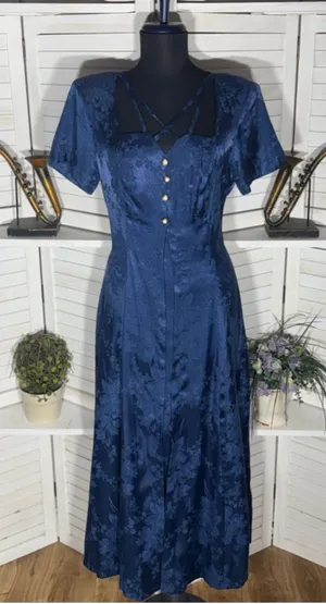 Vintage 80s 90s dress goth Victorian style navy floral texture sweetheart 9 10 thumbnail 1