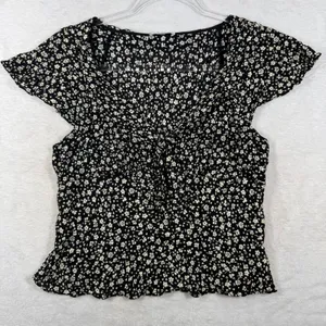 Reformation Black Cream Ditsy Floral V-Neck Tie Peplum Blouse Large Cap Sleeve thumbnail 1