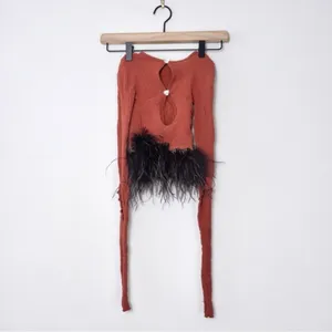 Poster Girl Mira Cutout Top OS Burnt Henna Chocolate Brown Ostrich Feathers Crop thumbnail 4