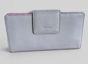 Fossil heather grey leather slim ladies wallet minimalist pink interior retro thumbnail 1