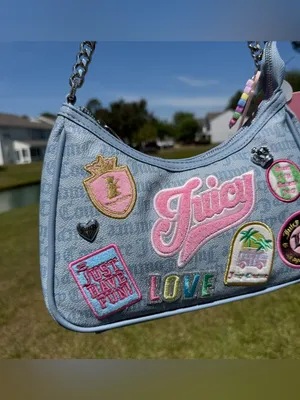 Juicy Couture "Run The World" light blue denim embroidered patches shoulder bag thumbnail 2