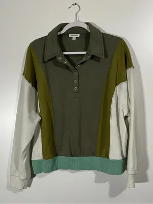 Retro Henley Sweatshirt with Collar Size XL Green Colorblock thumbnail 1