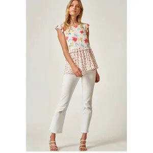 Emily Wonder Floral Babydoll Blouse Beachy Cap Sleeves Tassel Trim Women's sz. M thumbnail 2