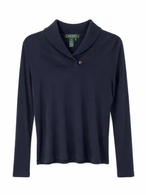 Lauren Ralph Lauren Women’s Petite P/L Navy Blue 100% Cotton Shawl Collar Top thumbnail 1