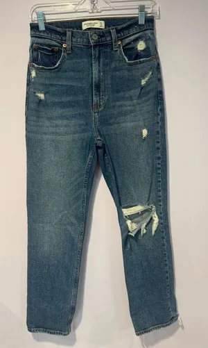 Abercrombie and Fitch the ankle straight high rise ripped knee curve‎ love jeans thumbnail 1