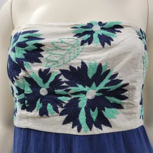 Missy Robertson Strapless Maxi Dress Large Blue Embroidered Floral Boho Summer thumbnail 3