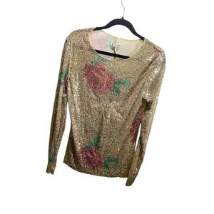 Free‎ People XL Floral Gold Sequin Long Sleeved Top NWOT thumbnail 3