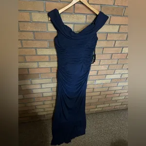 NWT La Femme Off Shoulder Column Mother of the Bride Ruched Navy Size 12 29541 thumbnail 3