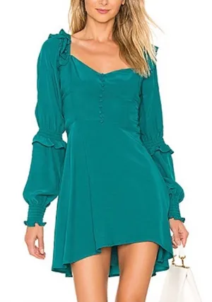 For Love & Lemons Teal Blue Ruffle Long Sleeve Mini Peasant Dress Womens Size M‎ thumbnail 1