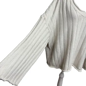 Rolled Hem Sweater Cream V-Neck‎ Wide Ribbed Casual Boho Office Neutral Plus 3XL thumbnail 2