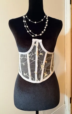 White Sheer Mesh Floral Lace-Up Boned Corset Top with Embroidered Lace thumbnail 1