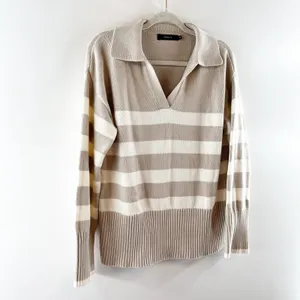 Zesica Long Sleeve V Neck Striped Polo Pullover Sweater Tan White Small thumbnail 4