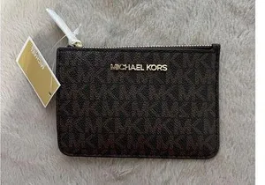 Michael Kors Jet Set Small Brown Coin Pouch W/ ID Window Monogram Leather Wallet thumbnail 1