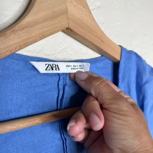 Zara Women Blue 100% Linen Tie Front Blazer Jacket V-Neck Long Sleeve Size Small thumbnail 3
