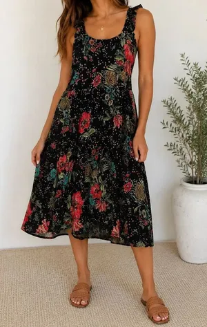 Maurices 24/7 Floral Midi Dress Medium Black Ruffle Strap Boho Cottagecore thumbnail 1