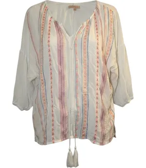 Gibson Latimer Embroidered Peasant Blouse‎ White XL Boho Tassel Casual Vacation thumbnail 1
