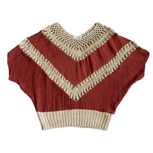 Umgee Rust Crochet‎ Fringe Batwing Top Boho V-Neck Lightweight Blouse Small thumbnail 3