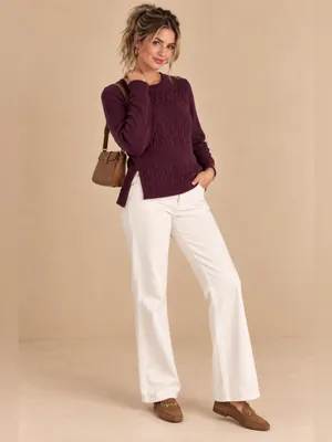 LOFT Burgundy Plum Crewneck Pullover Cable Knit Chunky Sweater Split Hem Medium thumbnail 9