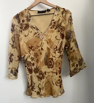 Y2K Large Silk Babydoll Top Mesh Sleeve Floral Renaissance Goblin Forest thumbnail 1