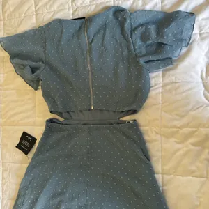 New Lulus Deep in my heart slate blue Swiss Dot cut out maxi dress size small thumbnail 6