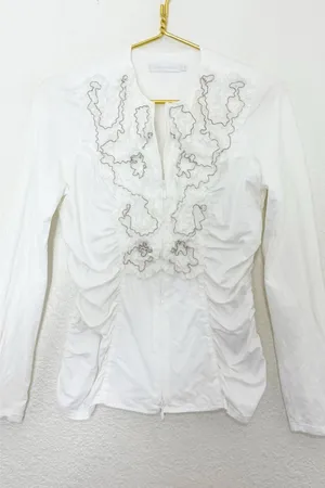 Anne Fontaine White Pima Cotton Ruffle Zip Up Night Top Size 42 thumbnail 1