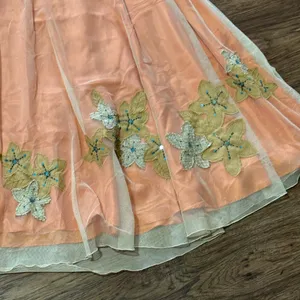 Citrine Midi Skirt Mesh Overlay Burlap-Like Leaf Applique Blue Beads Sequins 14 thumbnail 7