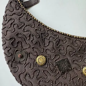 Beaded Made In India Brown Crescent Mini Shoulder Bag Party Purse Zipper Y2K thumbnail 2