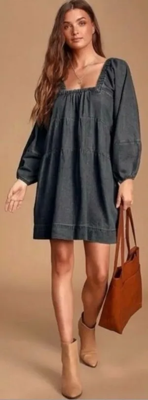 FREE PEOPLE Lou Jean Babydoll Dress in Black Grey Denim Oversized Boho Sz. S thumbnail 1
