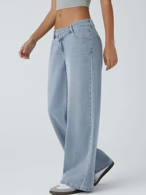 Halara Flex Asymmetric Low Rise Pockets Wide Leg Jeans Light Azure XXS New thumbnail 2