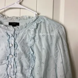 EUC J.Crew women’s pale light‎ blue embroidered ruffle long sleeve blouse small thumbnail 2