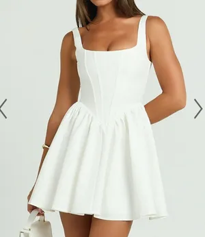 Aimee Mini Dress - Scoop Neck Corset Gathered Dress In White thumbnail 1