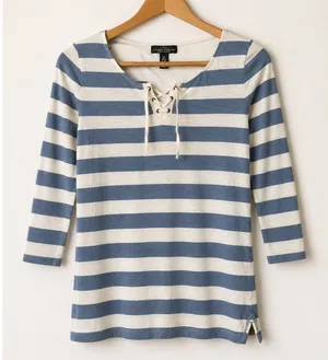 Lauren Ralph Lauren Top Women XS Blue White Lace Up Striped Knit Preppy Coastal thumbnail 1