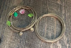 Betsey Johnson Gold Tone Enamel Flower Leaf Bangle Bracelet Set Whimsical Boho thumbnail 1