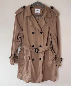 Belted Double Breasted Short Trench Coat Jacket Classic Camel Beige thumbnail 2